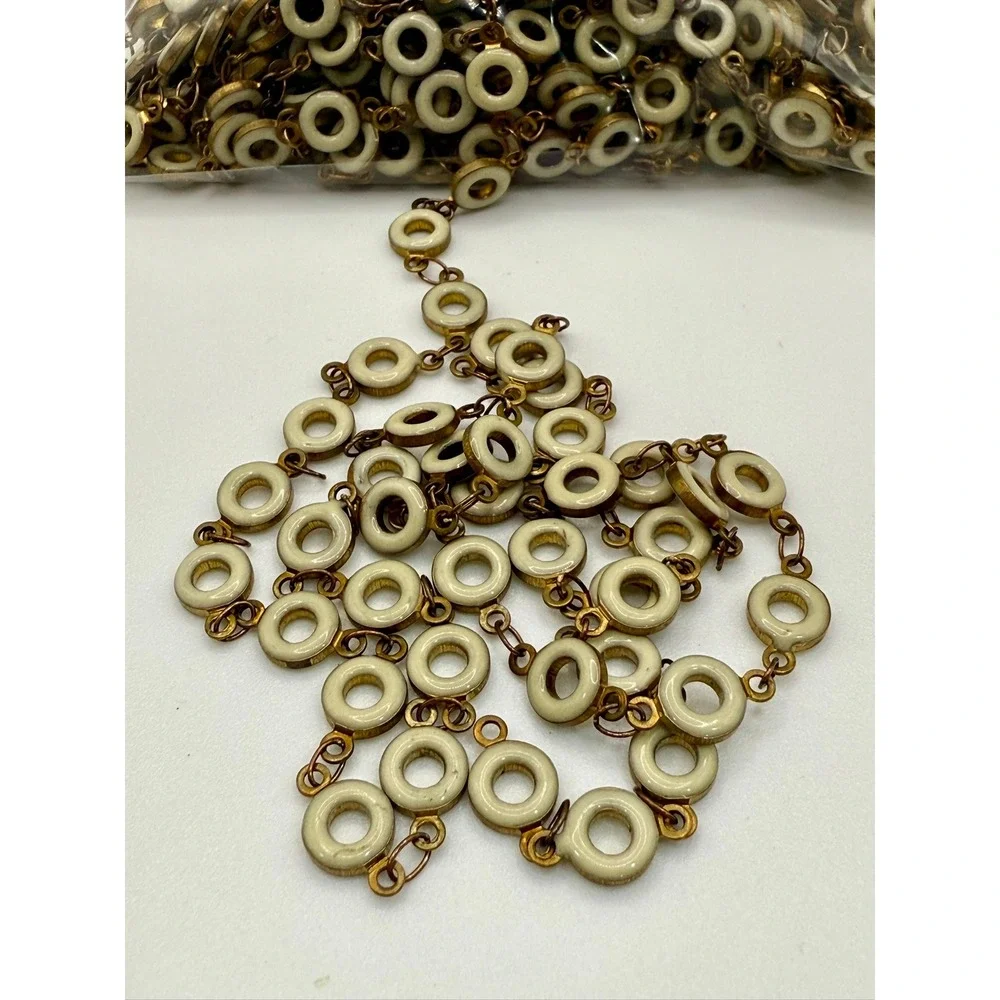 Cream Enameled Round Flat Open Circle 6.5mm Bead Chain Brass Wrapped 39ft (35)